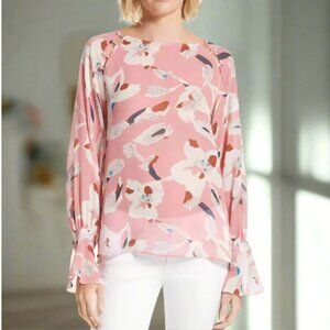 Tanya Taylor Silk Shirt Womens 4 Pink Floral Long Sleeve Boat Neck Hand-Painted